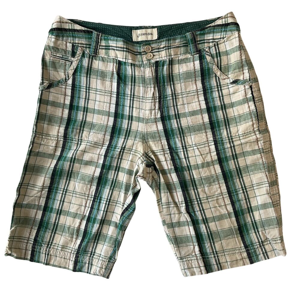 St. John's Bay Women Shorts 8 Green Bermuda Plaid Button 10" Inseam & 30” Waist